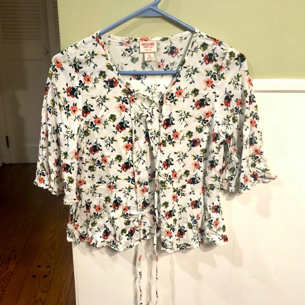 Mossimo Supply Co. White Floral Tie-Front Blouse with Green and Coral Accents